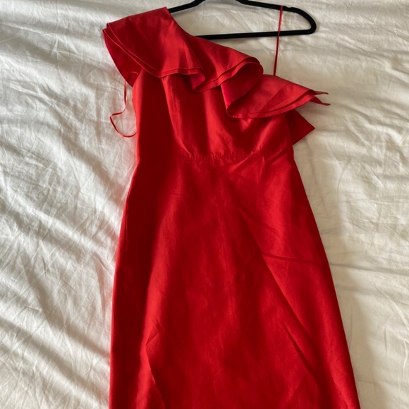One Shoulder Ruffle Red Dress - Picture 3 of 4